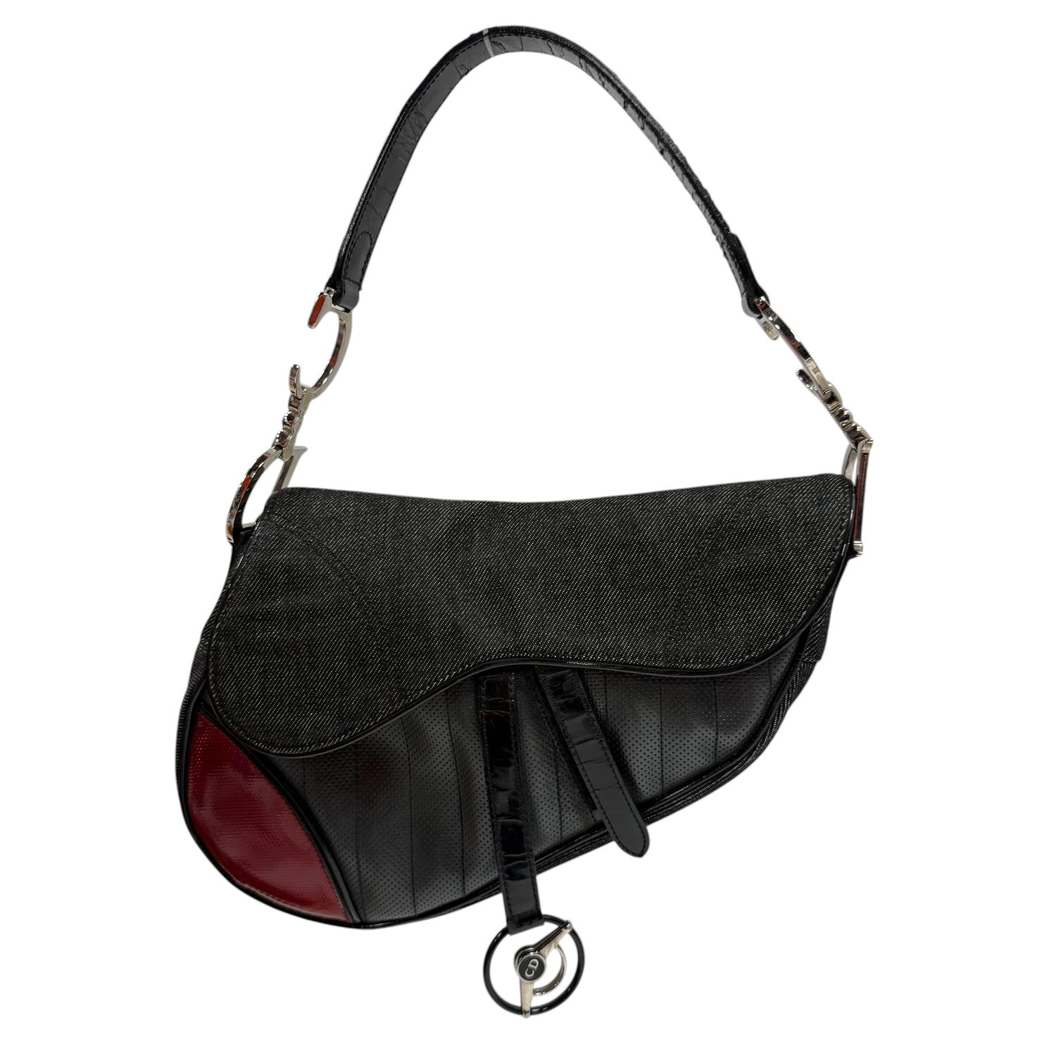 CHRISTIAN DIOR VINTAGE CADILLAC SADDLE BAG IN BLACK DENIM AND LEATHER BY JOHN GALLIANO, 2001