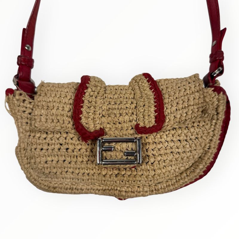 FENDI VINTAGE RAFFIA BAGUETTE CROSSBODY BAG BEIGE &amp; RED