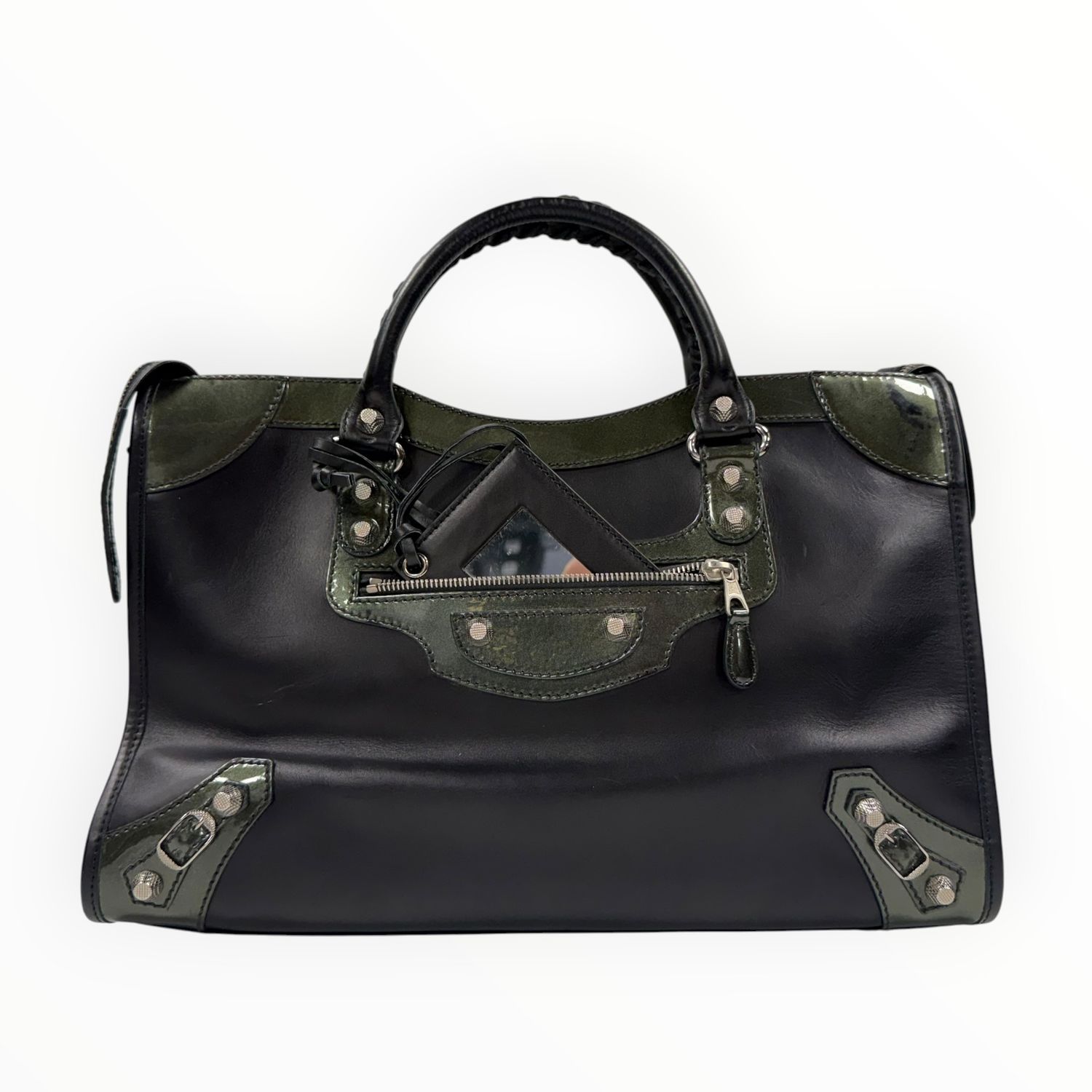 BALENCIAGA CITY BLACK LEATHER HANDBAG WITH OLIVE GREEN PATENT LEATHER TRIM