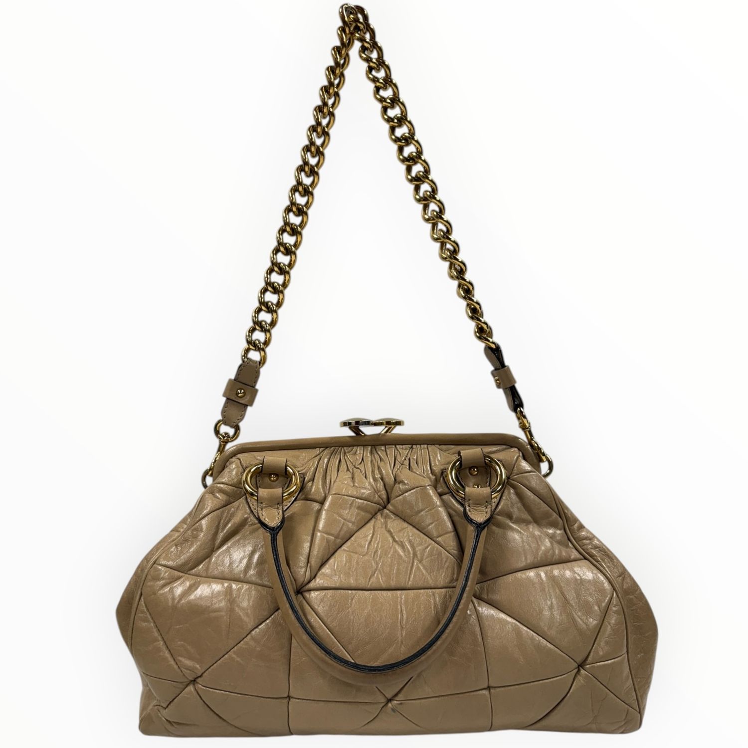 MARC JACOBS BEIGE QUILTED LEATHER FRAME SATCHEL BAG WITH GOLD-TONE CHAIN STRAP