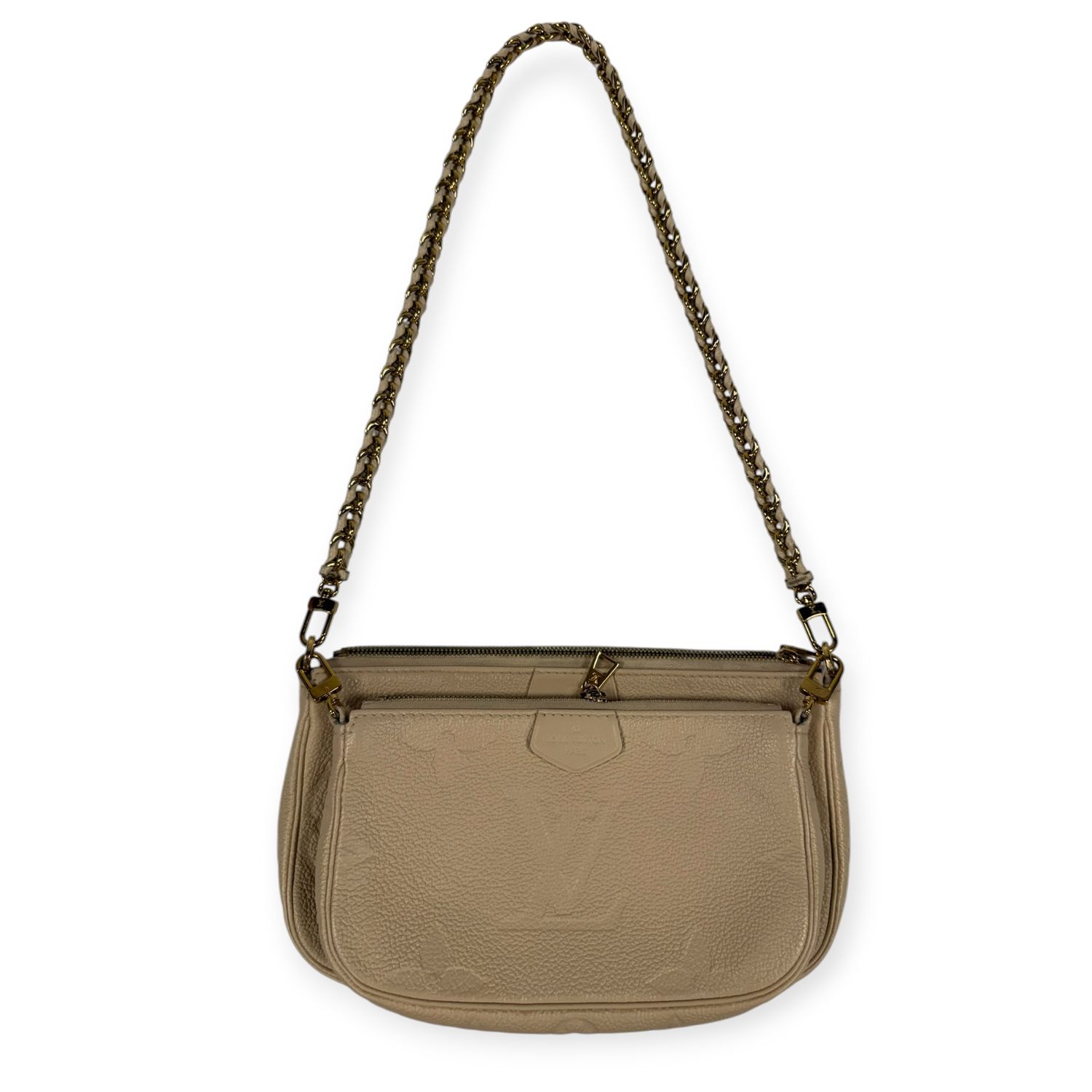 LOUIS VUITTON MULTI POCHETTE ACCESSOIRES BEIGE MONOGRAM EMPREINTE LEATHER SHOULDER CROSSBODY BAG WITH GOLD-TONE CHAIN