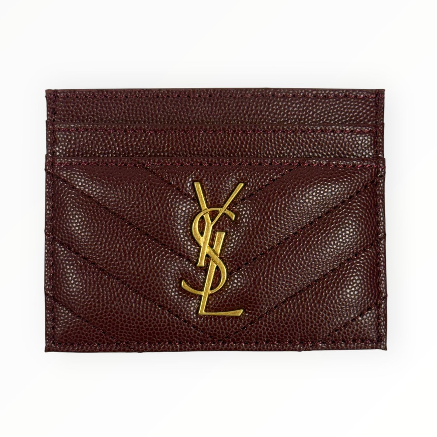 SAINT LAURENT CASSANDRE MATELASSÉ LEATHER CARD HOLDER IN BURGUNDY WITH GOLD-TONE HARDWARE