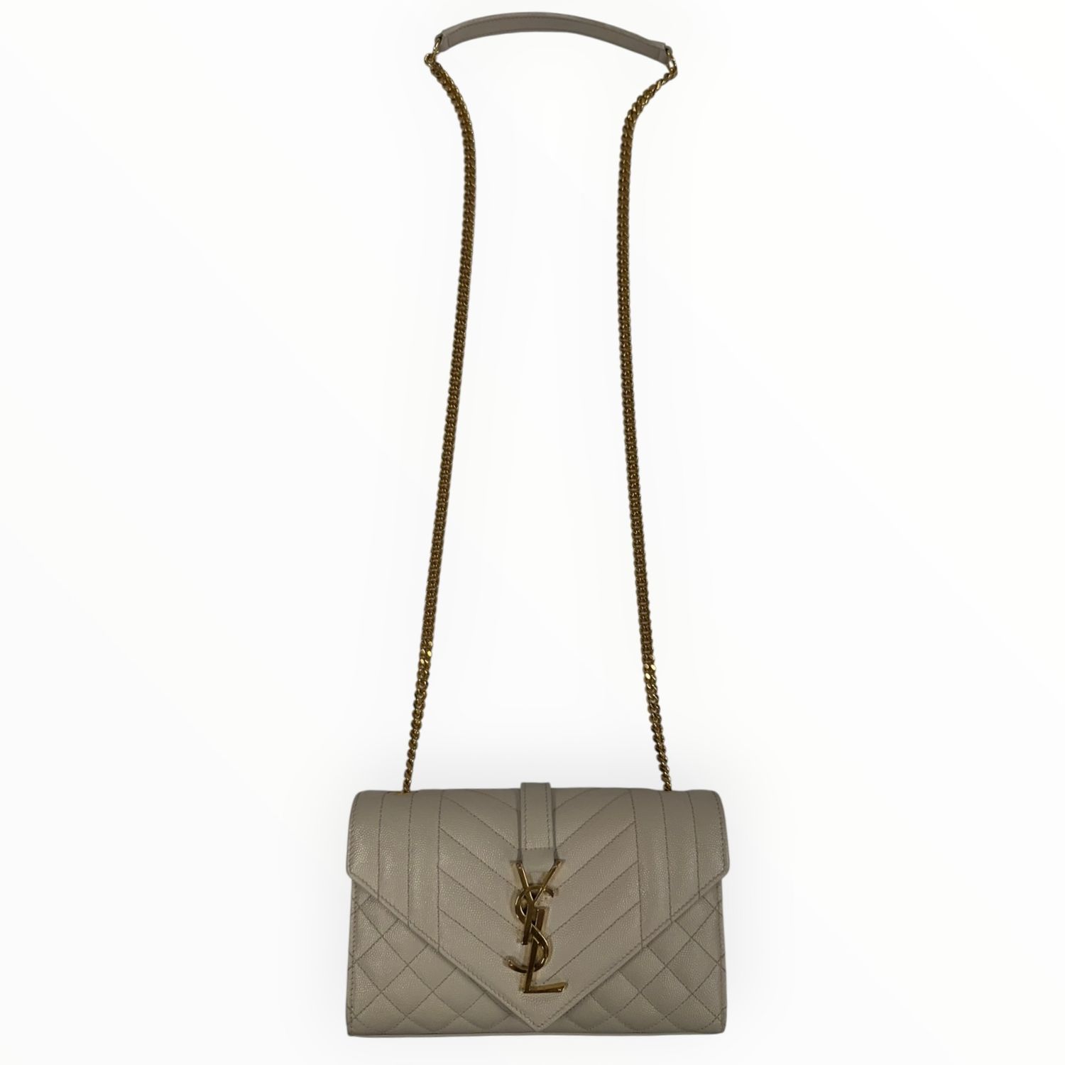 SAINT LAURENT ENVELOPE SMALL IN QUILTED GRAIN DE POUDRE EMBOSSED LEATHER WHITE