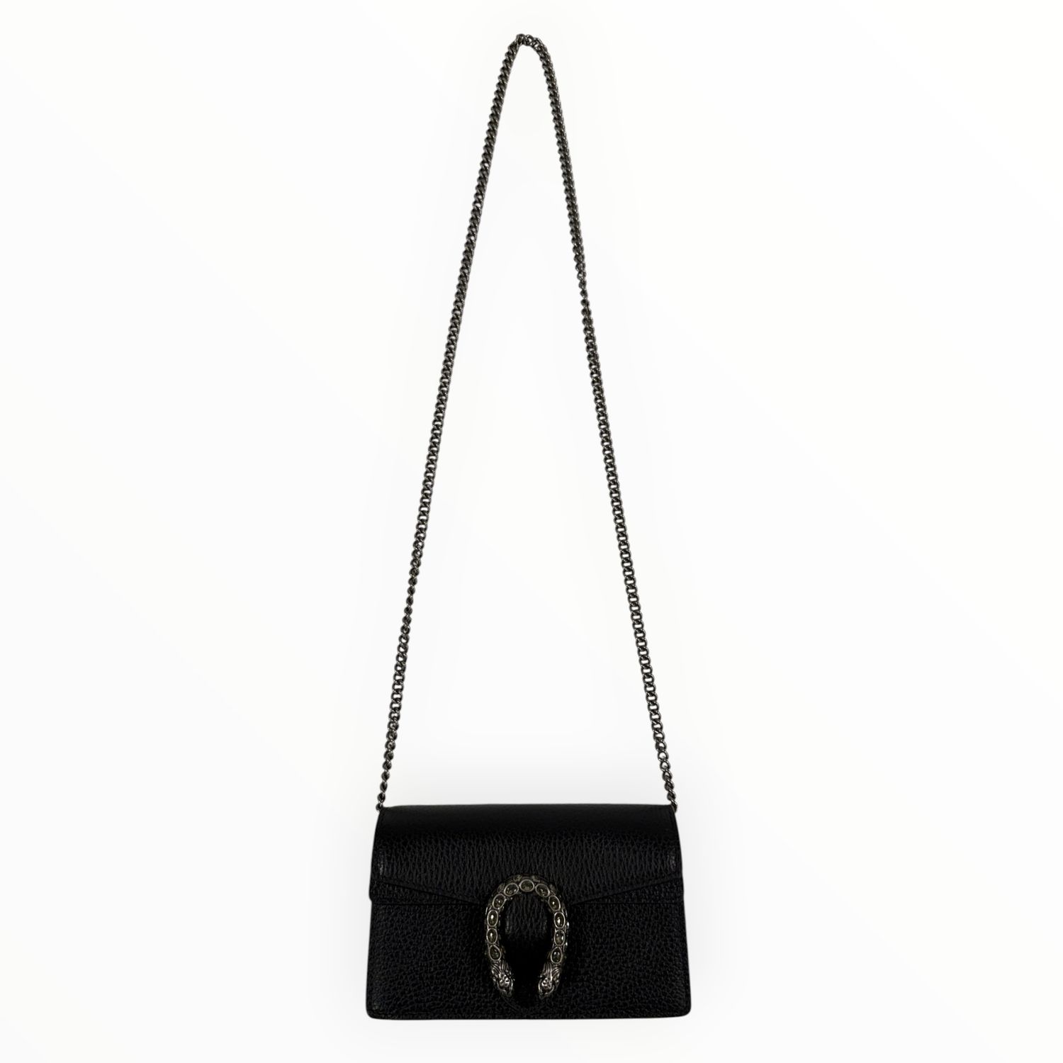 GUCCI DIONYSUS SUPER MINI BLACK LEATHER CRYSTAL TIGER HEAD CHAIN BAG BY ALESSANDRO MICHELE