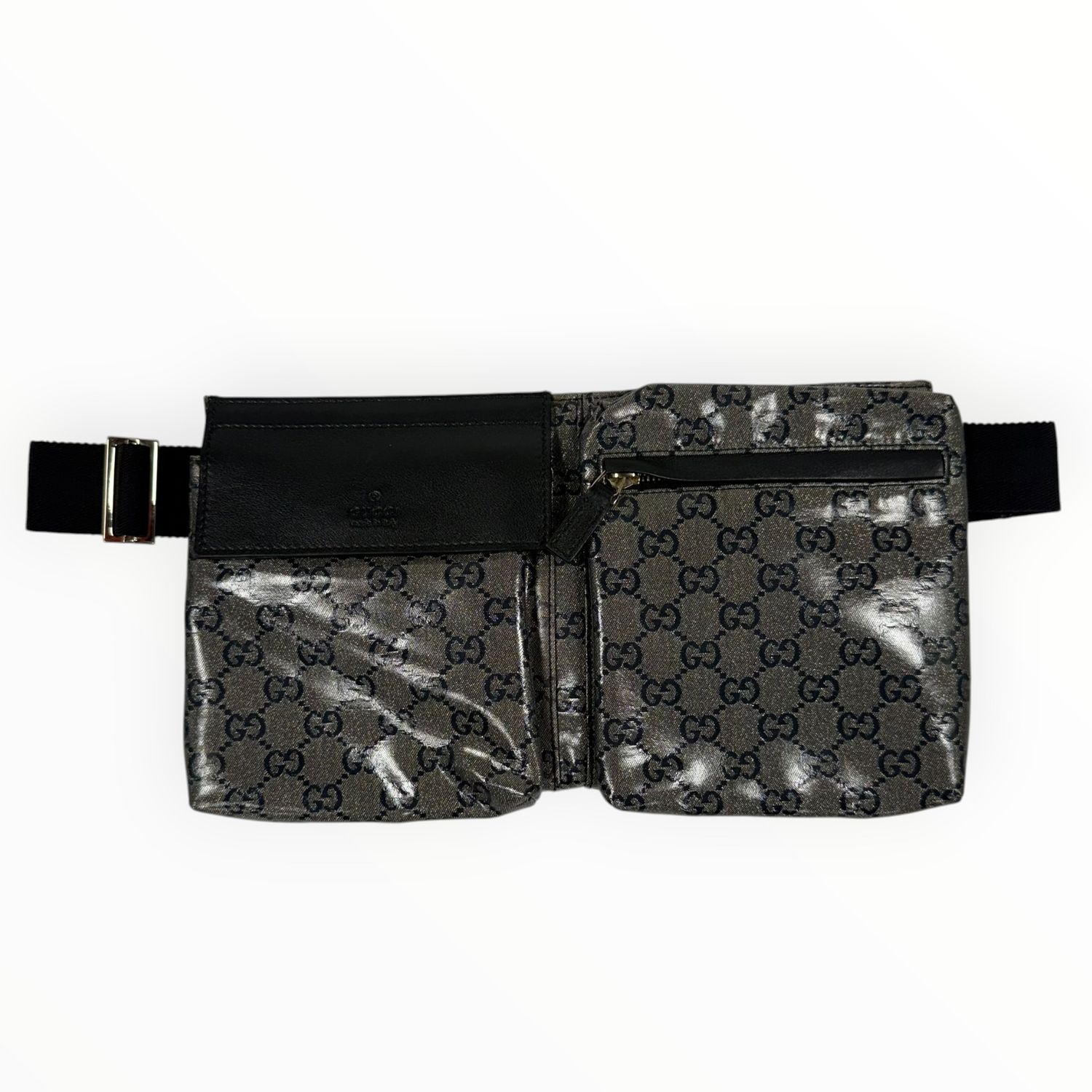 GUCCI GG MONOGRAM DOUBLE POCKET BELT BAG BLACK &amp; GREY
