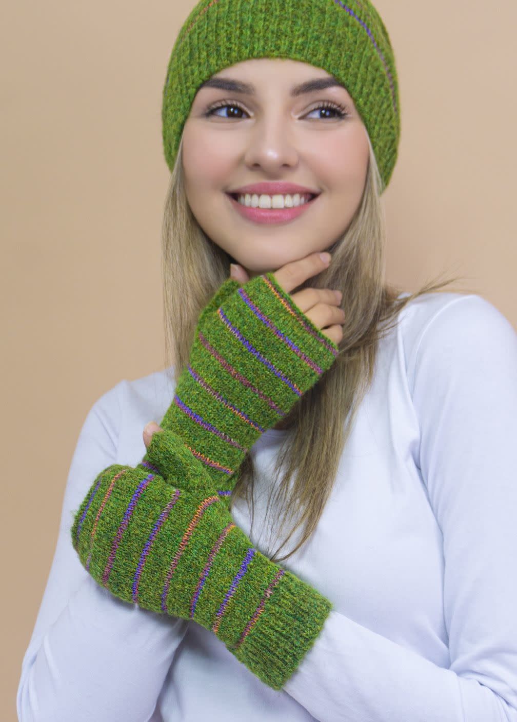 Brushed Striped Alpaca Fingerless Gloves, Color: Green