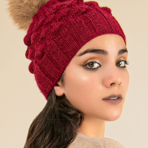 Priscilla Alpaca Fur Pompom Hat, Color: Burgundy