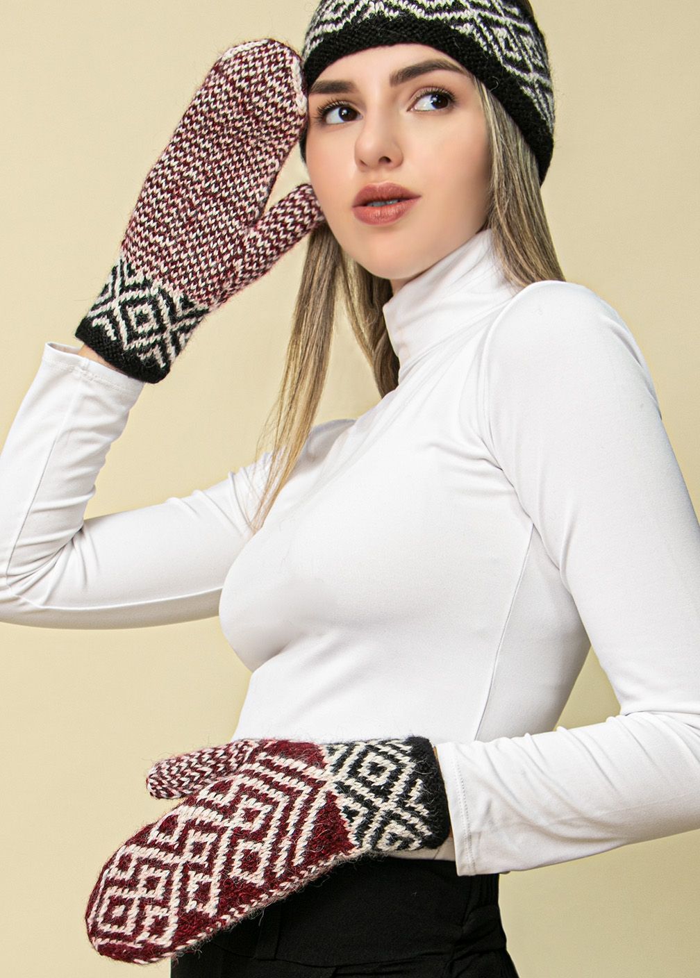 Ski Alpaca Mittens, Color: Burgundy/Natural