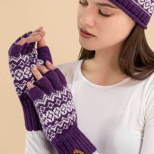 Arctic Alpaca Reversible Half Finger Gloves, Color: Purple