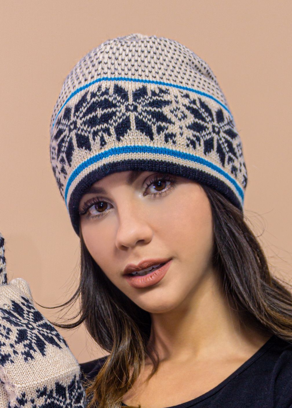 Norwegian Snowflakes Alpaca Hat, Color: Beige/Blk/Blue Jade