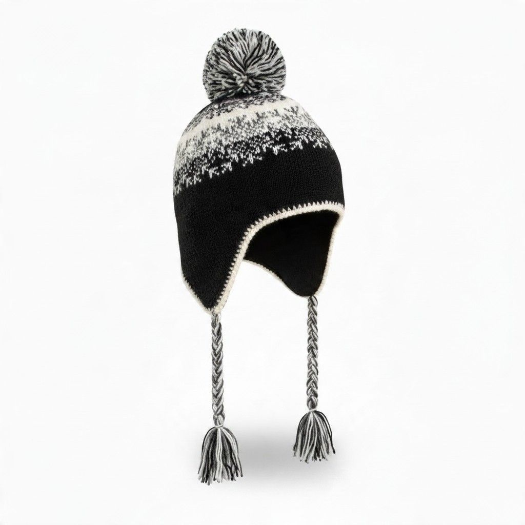 Norway Ski Hat w/Ear Flaps - Fleece Lined, Color: Black/Natural