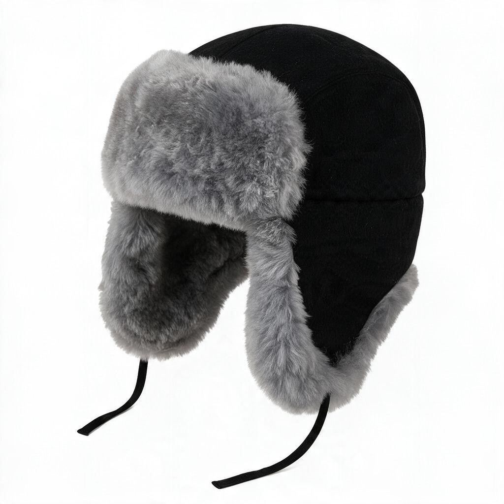 Premium Baby Alpaca Fur Flap Hat - Fur Lined, Color: Black/Lt Grey