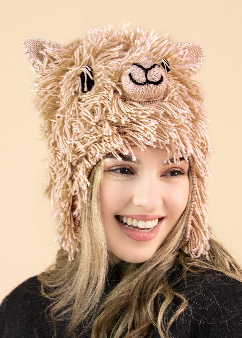 Cute Alpaca Hat w/Ear Flaps, Color: Beige