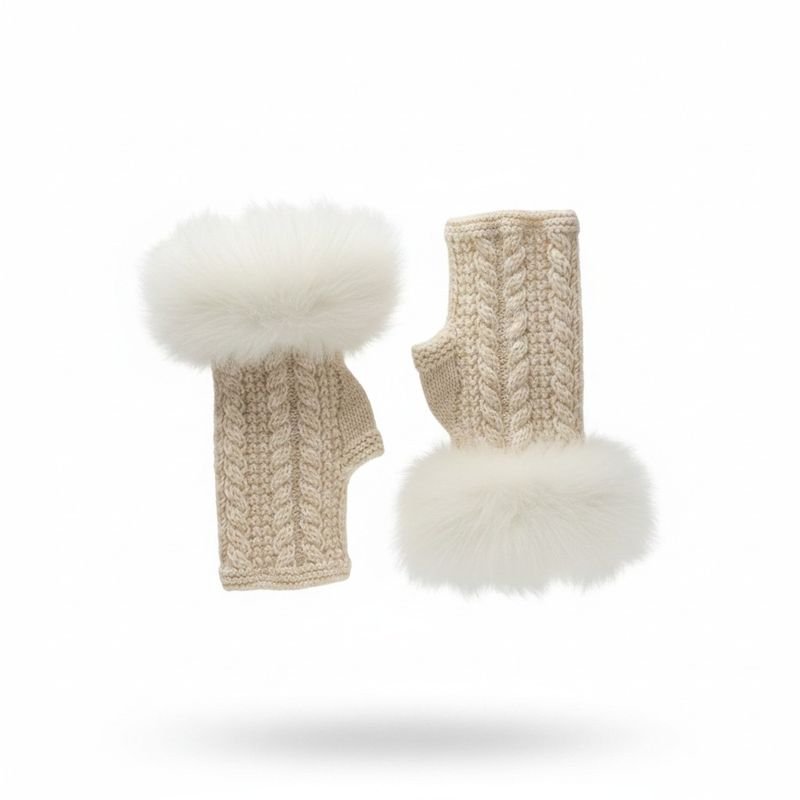 Alpaca Cable Fingerless Gloves w/Fur