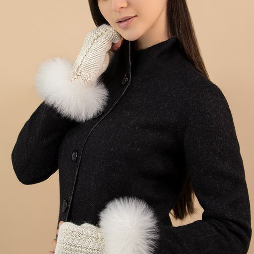 Alpaca Cable Fingerless Gloves w/Fur, Color: Natural