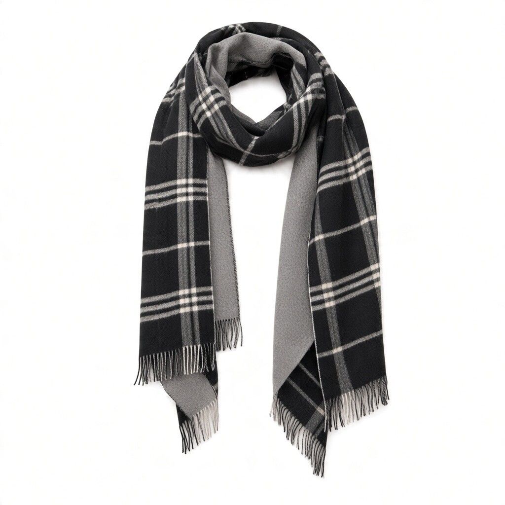 Plaid/Solid Double Face Scarf, Color: Black/Grey
