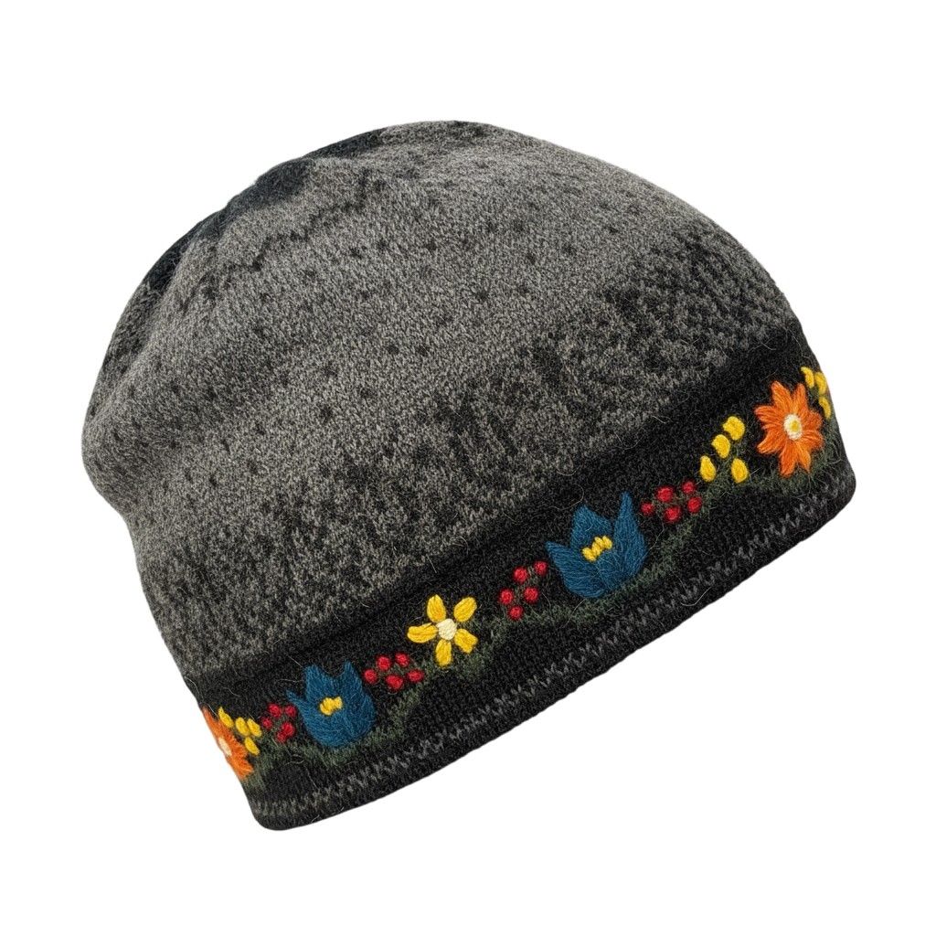 Alpaca Embroidered Leaf Hat, Color: Charcoal