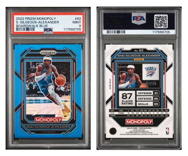 2022 PRIZM MONOPOLY #62 SHAI GILGEOUS-ALEXANDER BOARDWALK BLUE 04/15 PSA 9