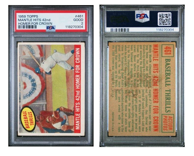 1959 Topps #461 Mantle Hits 42nd Homer For Crown PSA 2