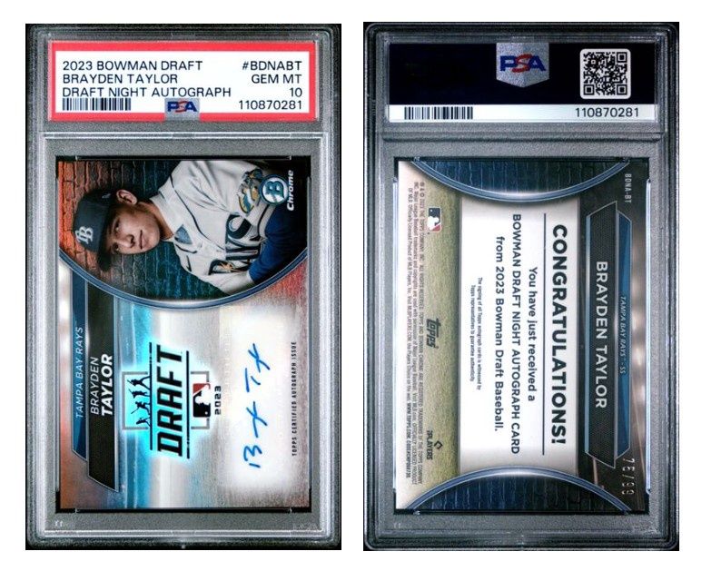 2023 Bowman Draft Braden Taylor Draft Night Autograph 75/99 PSA 10