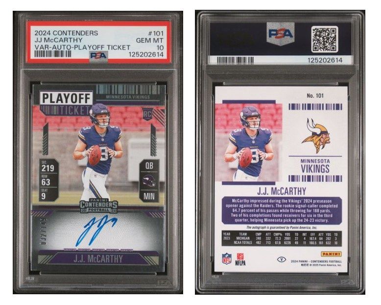 2024 Contenders JJ McCarthy Variation-Autograph-Playoff Ticket #101 PSA 10 POP 1