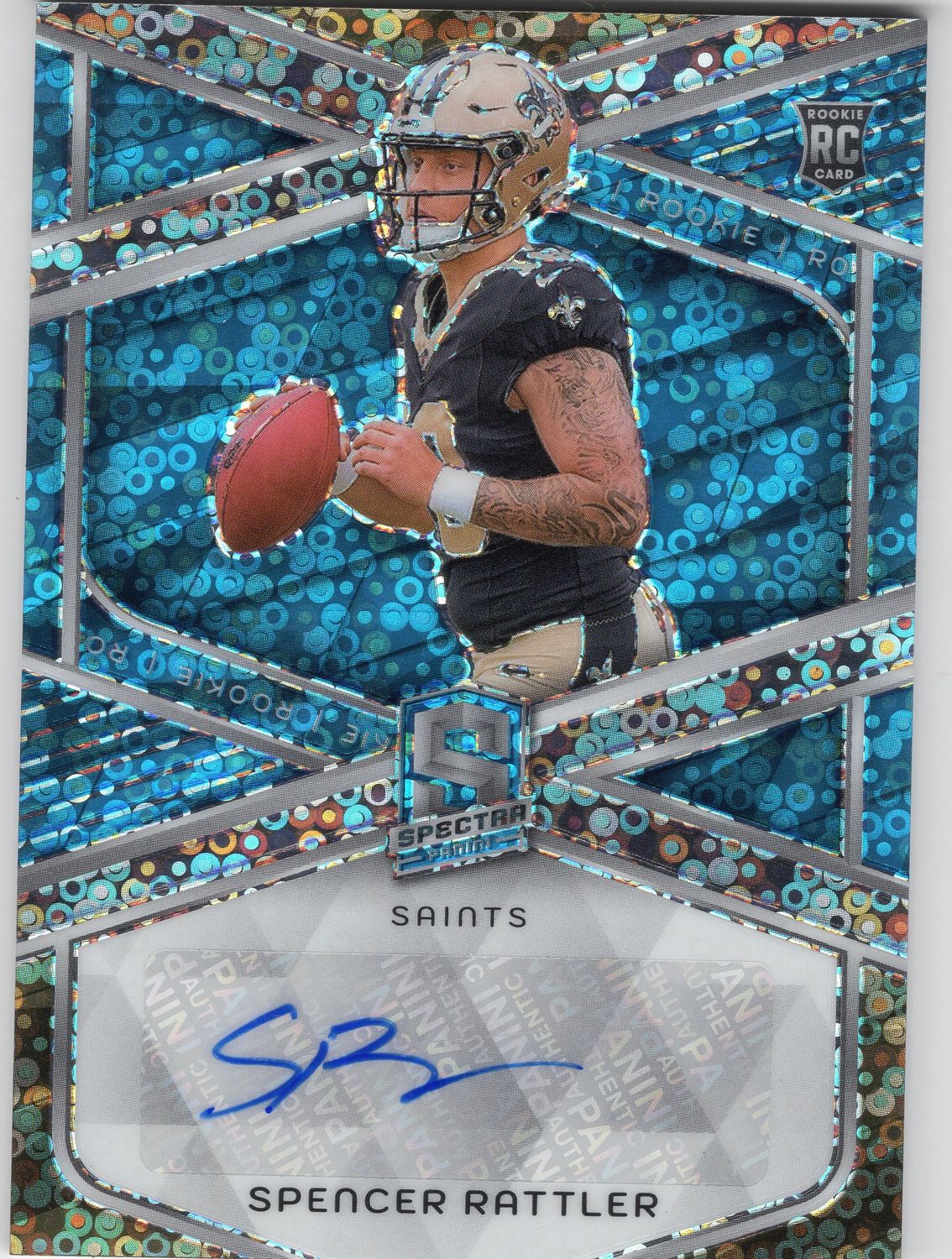 2024 Spectra Spencer Rattler Neon Blue Rookie Auto 34/50 #RA-SSR Saints