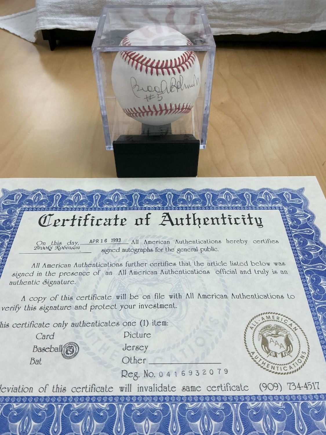 Brooks Robinson Autographed Baseball signed 04/16/1993 Inscribed #5 with All-American Authenticators COA