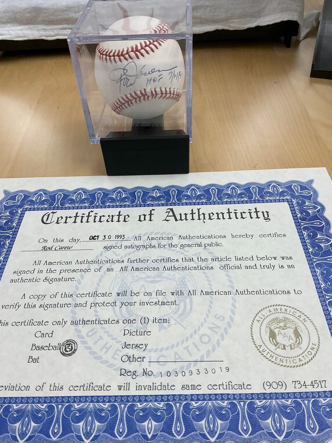 Rod Carew Autographed Baseball Inscribed HOF 7/21/1991 - COA All- American Authenticators