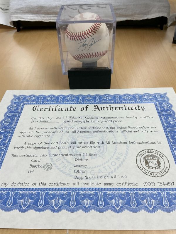 Dave Justice Autographed Baseball - Autographed on 01/22/1994 - COA All-American Authenticators