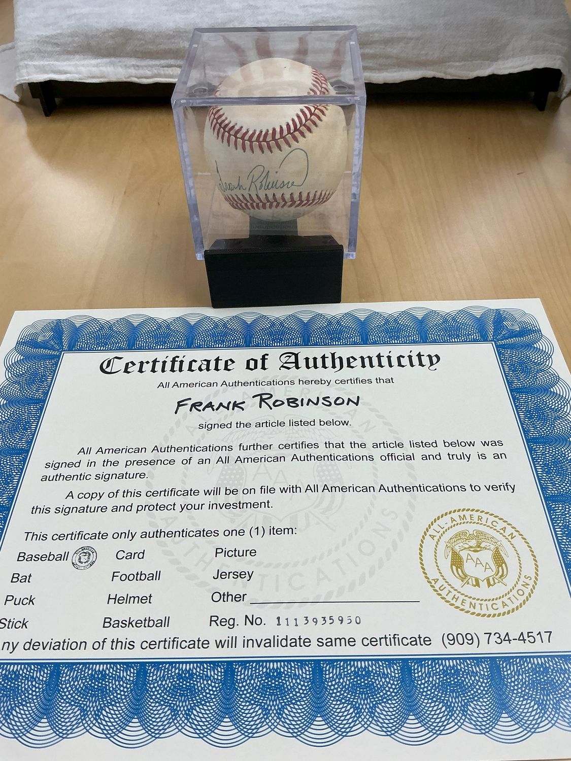 Frank Robinson Autographed Baseball with All-American Authenticators COA