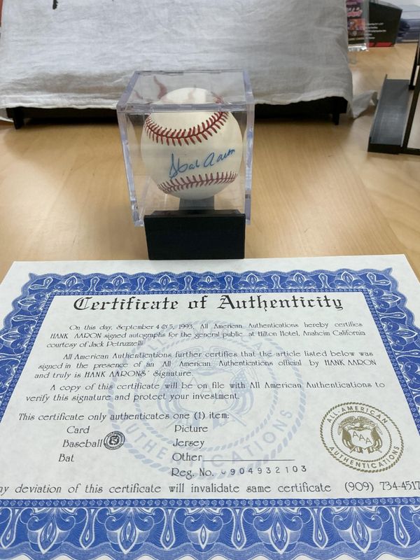 Hank Aaron Autographed Baseball with All-American Authenitcations COA