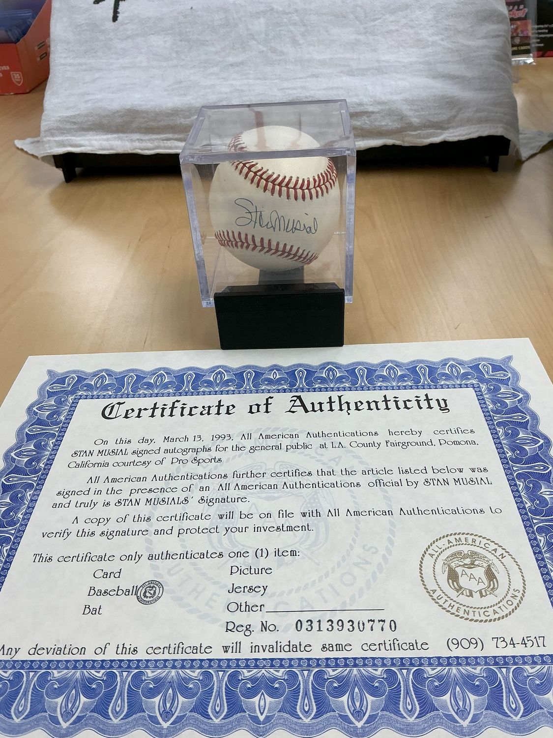 Stan Musial Autographed Baseball with All-American Authehtication COA