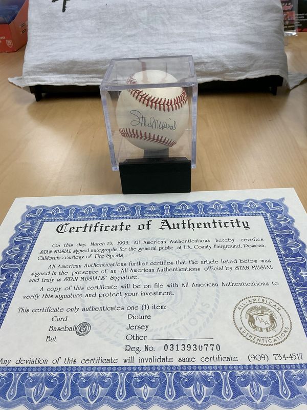 Stan Musial Autographed Baseball with All-American Authehtication COA