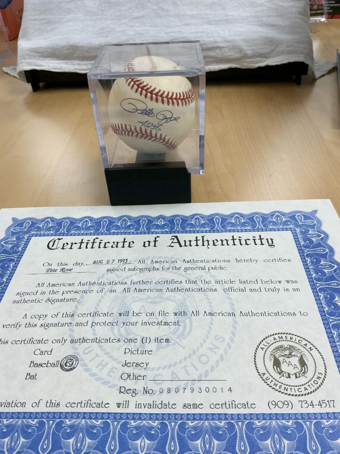 Pete Rose Autographed Baseball Inscribed &#39;4256&#39; with All-American Authentication COA
