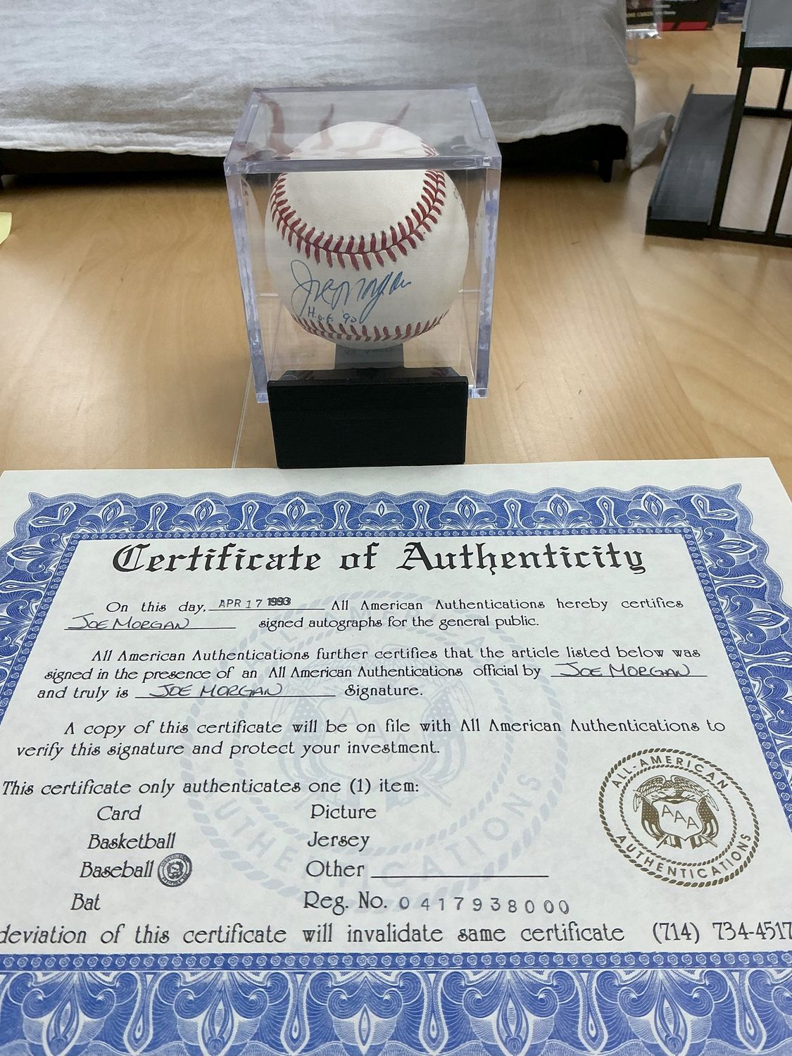 Joe Morgan Autographed Baseball - Inscribed &#39;HOF &#39;90&#39; - All-American Authentication COA