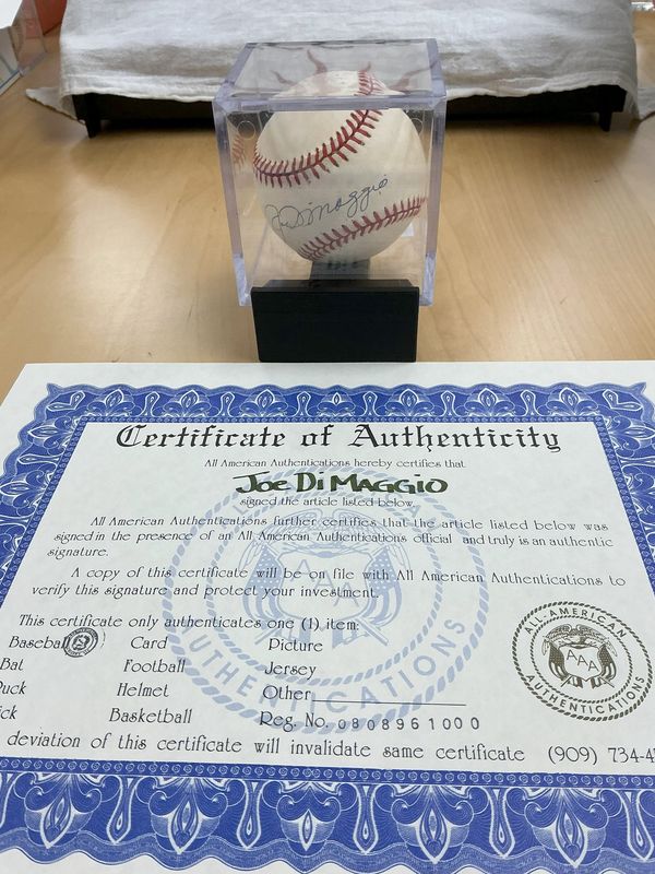 Joe DiMaggio Autograph Baseball - All- American Authentication COA