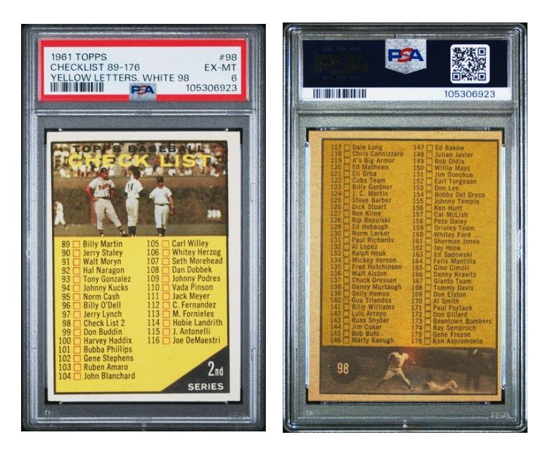 1961 Topps Checklist 2/Yellow Checklist Black On White #98B - PSA 6