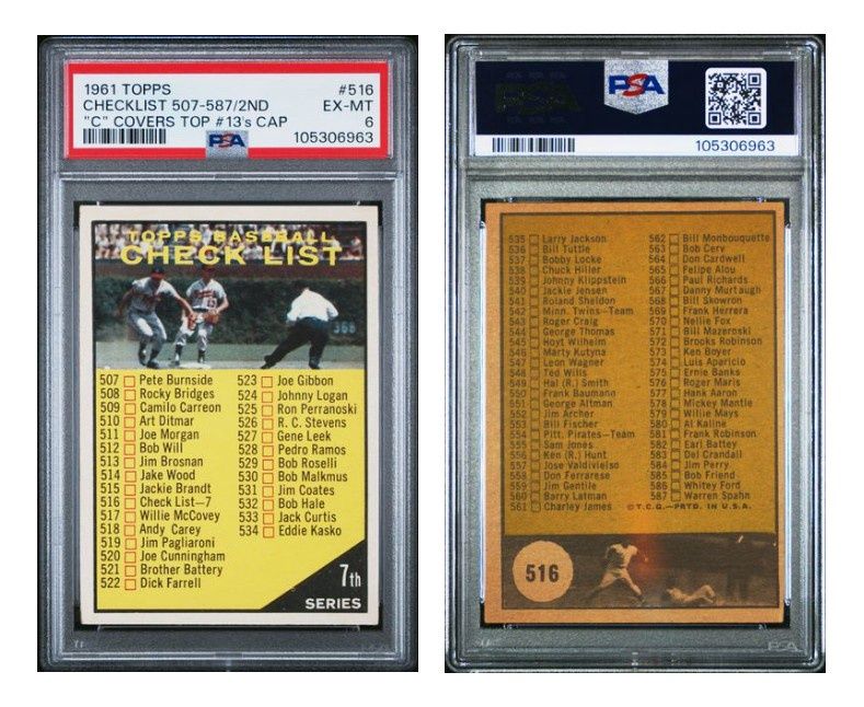 1961 Topps Checklist 7 (C Above Braves Cap) #516B - PSA 6