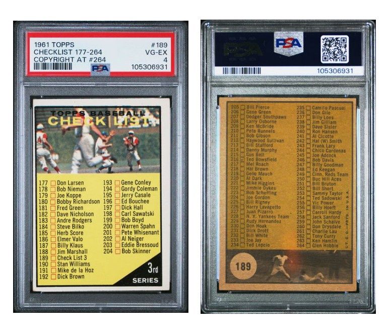 1961 Topps Checklist 3/Copyright Symbol/Adjacent To Glen Hobbie #189B - PSA 4
