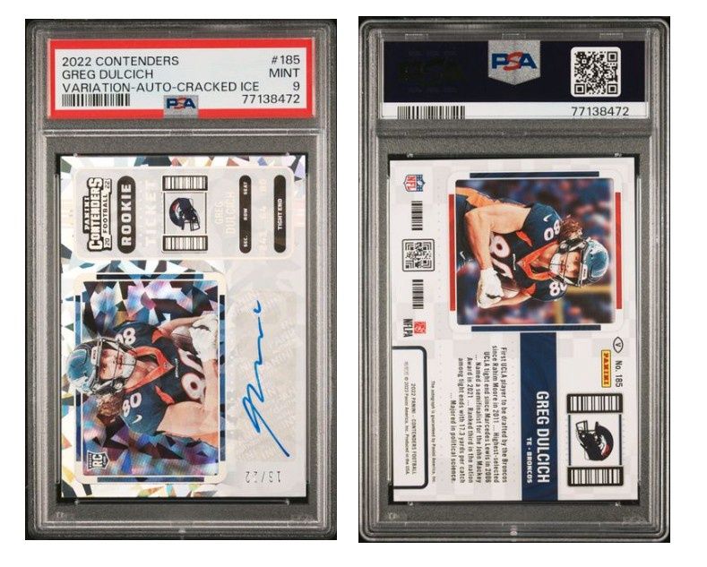 2022 Panini Contenders Greg Dulcich 16/22 Variation-Autograph-Cracked Ice #185 - PSA 9