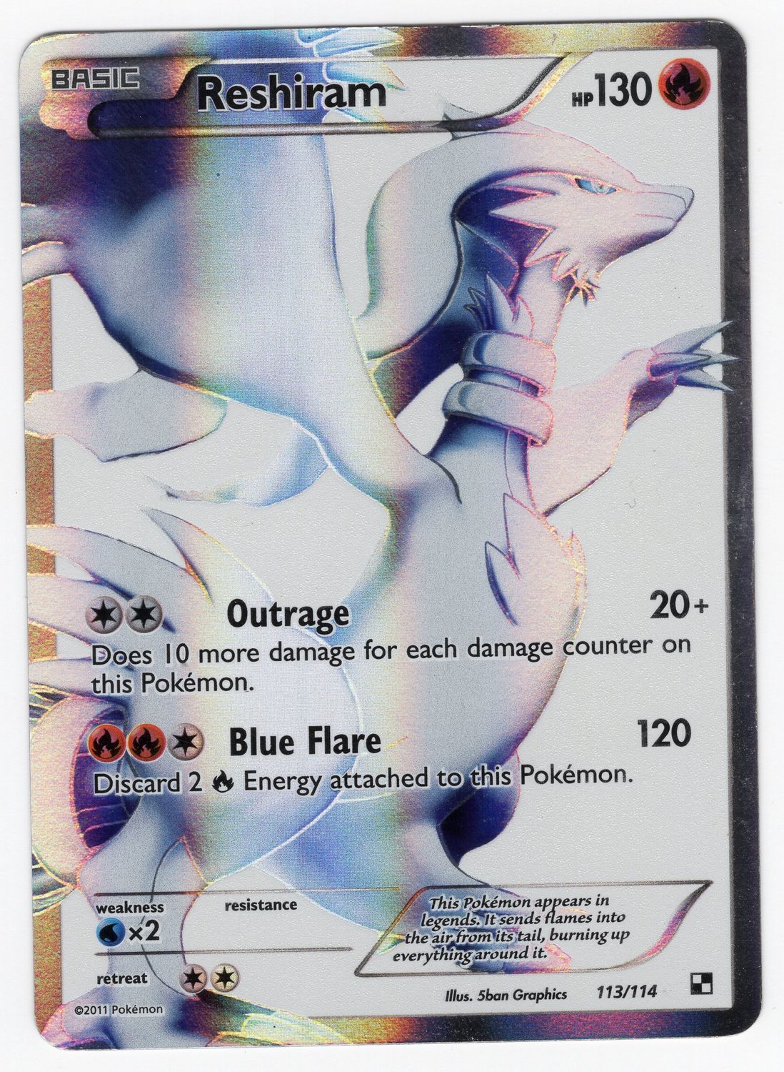 2011 Pokémon Reshiram Black and White Holo Card 113/114 Full Art Edition