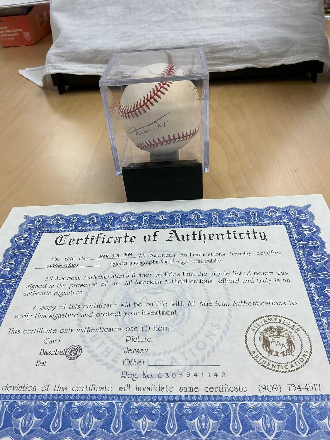 Willie Mays Autograph Baseball Signed 03/05/1994 with COA