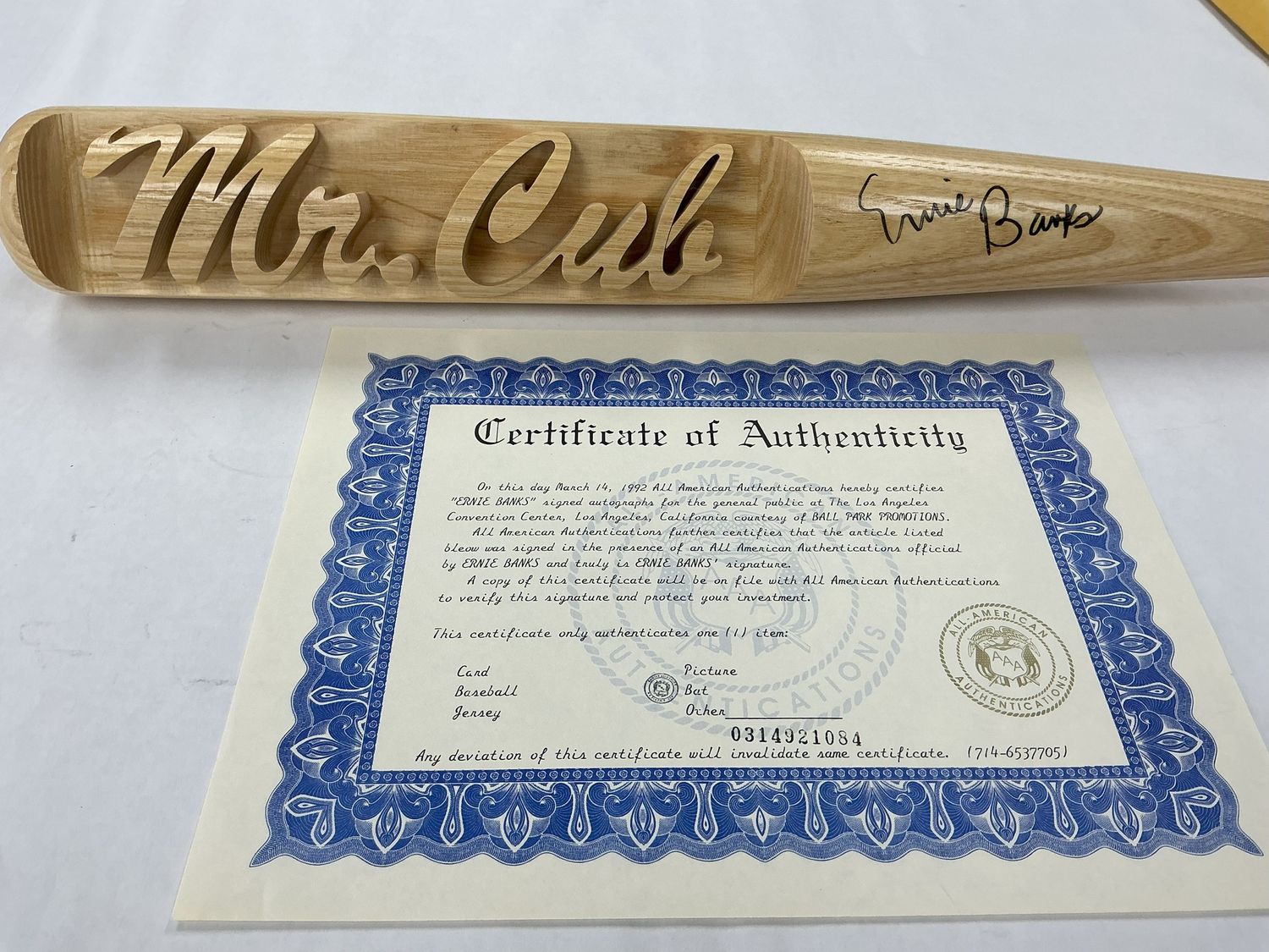 Ernie Banks &#39;Mr. Cub&#39; Autographed Bat - Carved Inscription Signed 03/14/1992  with COA