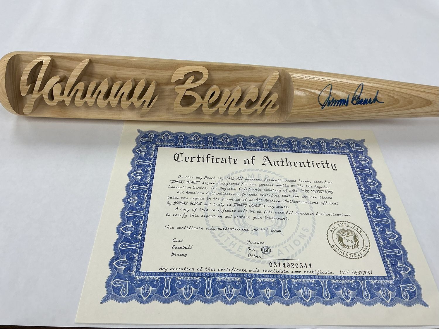 Johnny Bench Autographed Bat - Carved Inscription &#39;Johnny Bench&#39; - Signed 03/14/1992 with COA