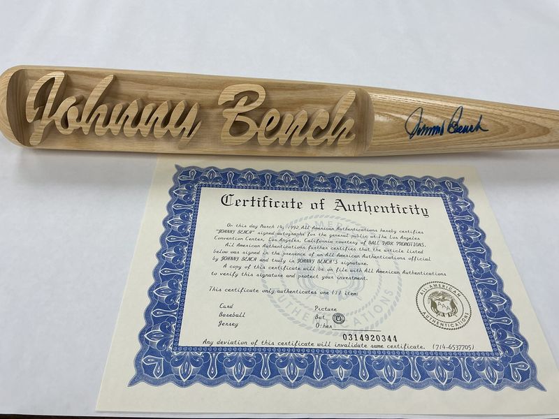 Johnny Bench Autographed Bat - Carved Inscription &#39;Johnny Bench&#39; - Signed 03/14/1992 with COA
