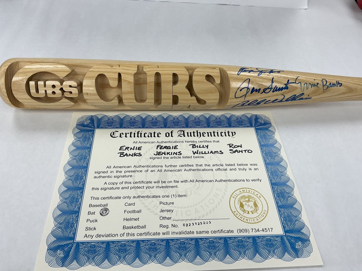 Cubs Autographed Bat - Ernie Banks, Fergie Jenkins, Billy Williams &amp; Ron Santo