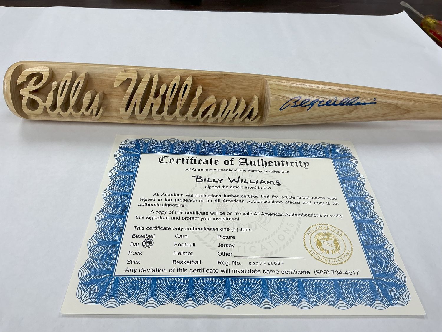 Billy Williams Autographed Bat - Carved Inscription &#39;Billy Williams&#39; - Signed 02/23/1992 with COA