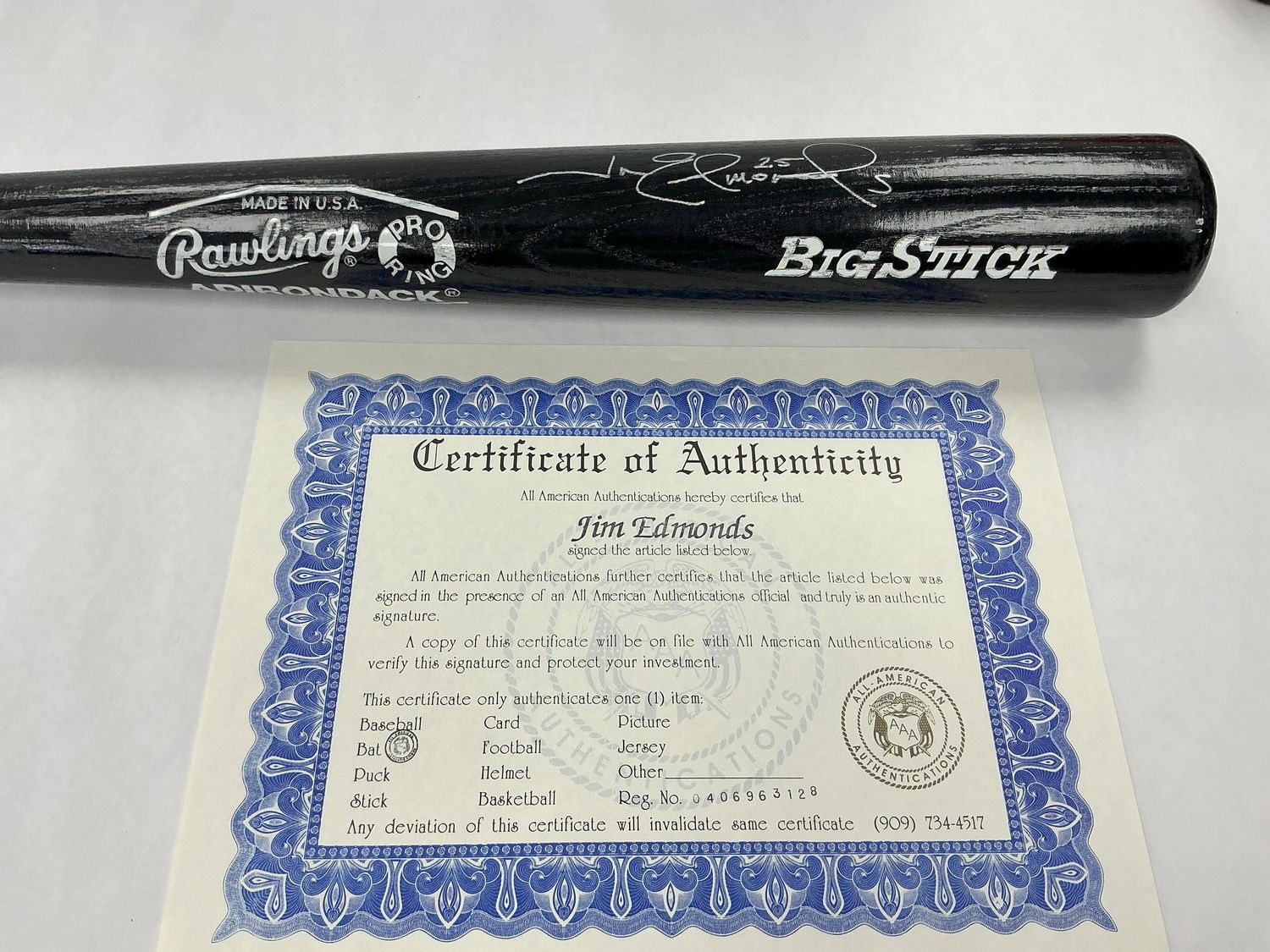 Jim Edmonds Autographed Black Bat - Rawlings Big Stick - Signed 01/06/1996 with COA