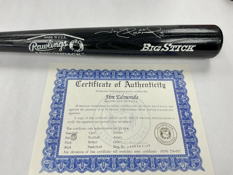 Jim Edmonds Autographed Black Bat - Rawlings Big Stick - Signed 01/06/1996 with COA