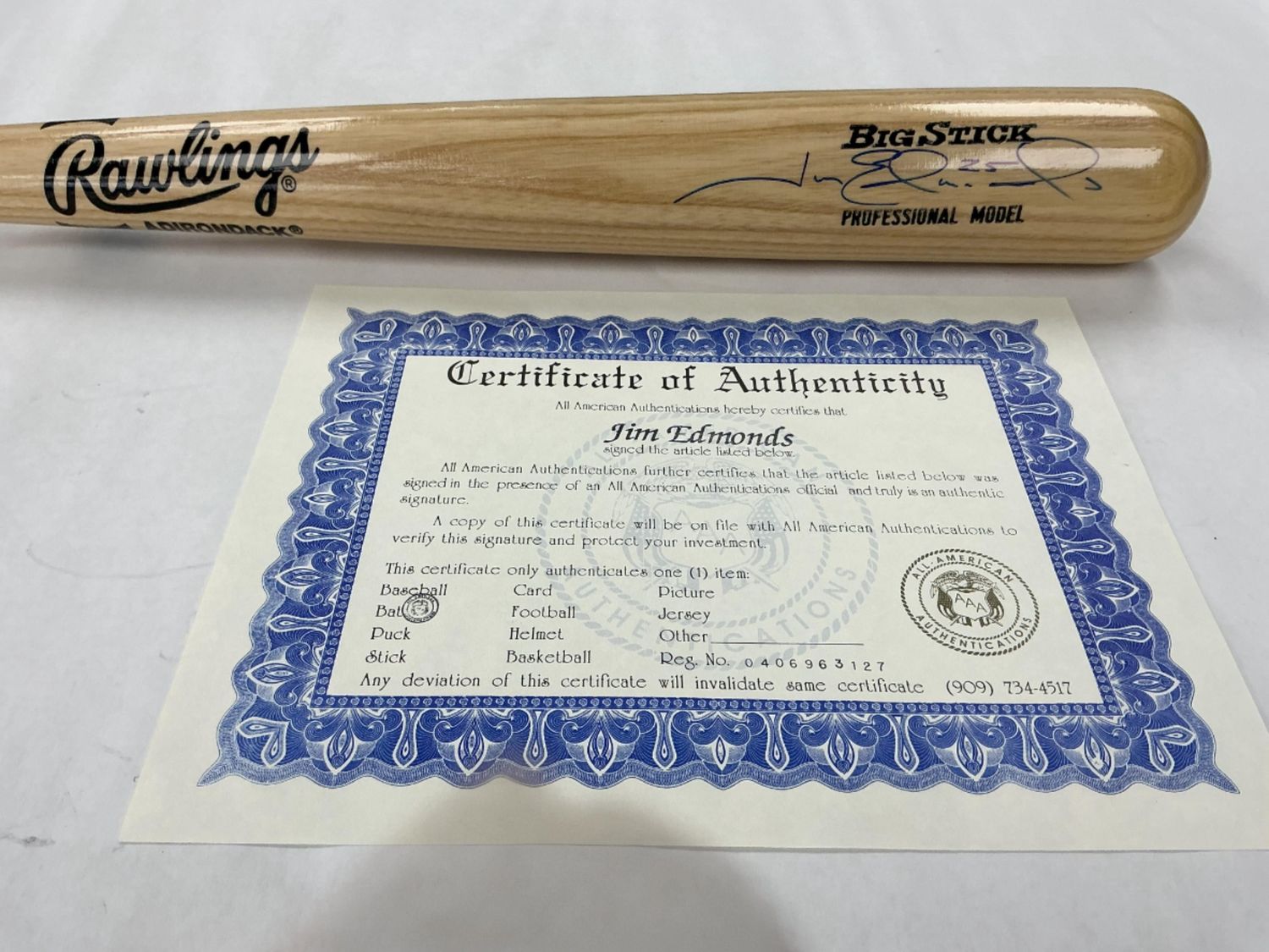 Jim Edmonds Autographed Bat - Rawlings Big Stick - Signed 04/06/1996 with COA